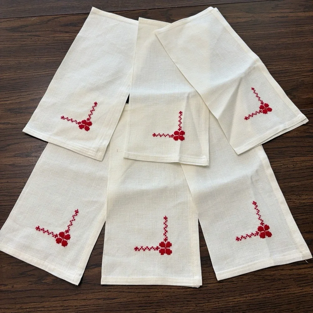 Vintage Cross Stitch Linen Tablecloth Napkin Set Red Black Folk Art Farmhouse